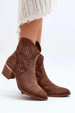 Botki Wiosenne|Botki Na Słupku>Buty damskie Vinceza Ażurowe Botki Na Niskim Obcasie Brązowe Cilvana