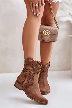 Ażurowe Botki Na Płaskim Obcasie Zamszowe Lewski 3305/2 Brązowe Damskie Botki Na Słupku|Botki Ażurowe