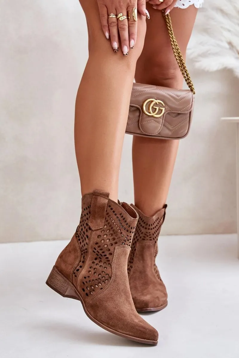 Ażurowe Botki Na Płaskim Obcasie Zamszowe Lewski 3305/2 Brązowe Damskie Botki Na Słupku|Botki Ażurowe