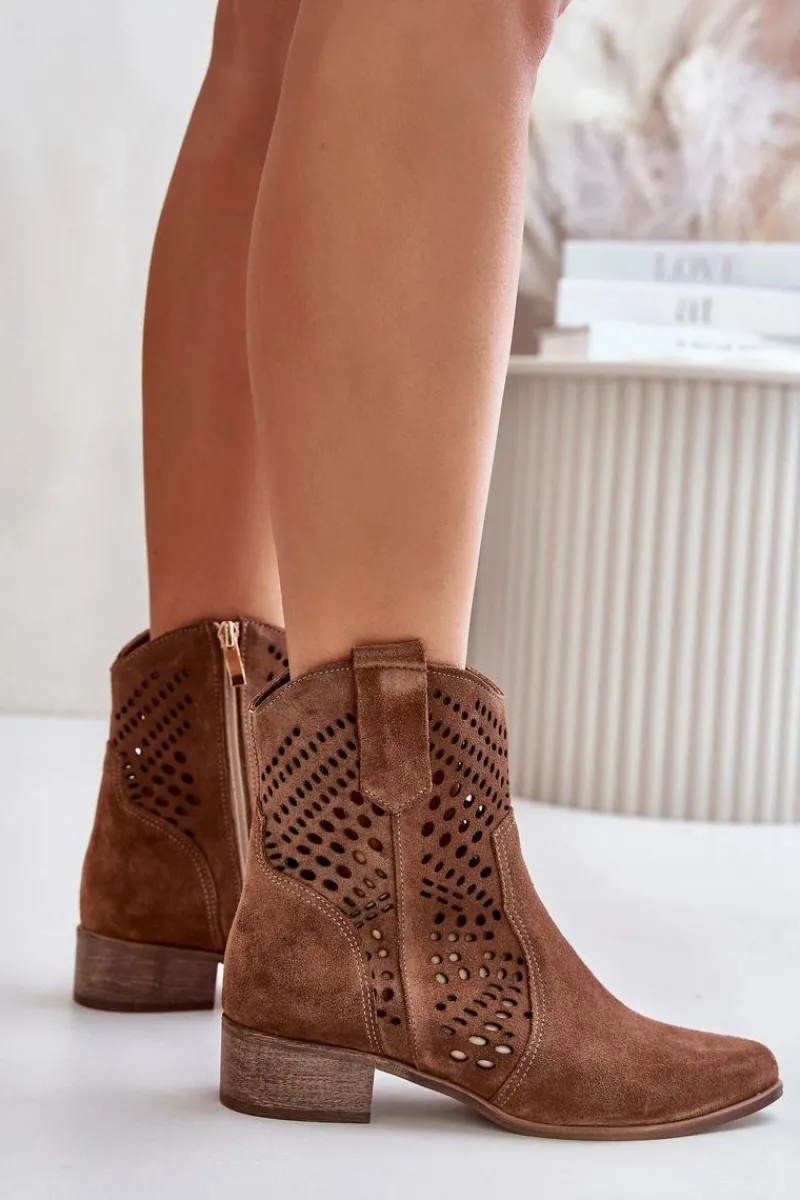 Ażurowe Botki Na Płaskim Obcasie Zamszowe Lewski 3305/2 Brązowe Damskie Botki Na Słupku|Botki Ażurowe