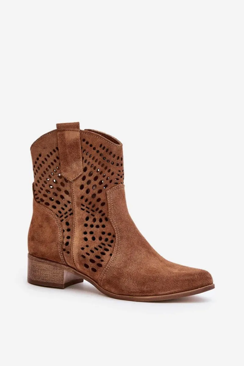 Ażurowe Botki Na Płaskim Obcasie Zamszowe Lewski 3305/2 Brązowe Damskie Botki Na Słupku|Botki Ażurowe