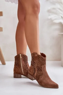 Ażurowe Botki Na Płaskim Obcasie Zamszowe Lewski 3305/2 Brązowe Damskie Botki Na Słupku|Botki Ażurowe