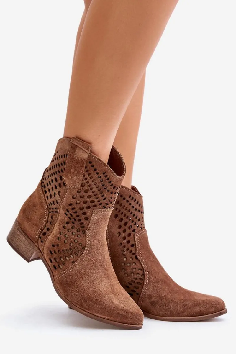 Ażurowe Botki Na Płaskim Obcasie Zamszowe Lewski 3305/2 Brązowe Damskie Botki Na Słupku|Botki Ażurowe