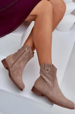 Sale Ażurowe Botki Na Płaskim Obcasie S.Barski HY51-063 Beżowe Damskie Botki Ażurowe|Botki Płaskie