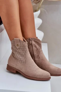 Sale Ażurowe Botki Na Płaskim Obcasie S.Barski HY51-063 Beżowe Damskie Botki Ażurowe|Botki Płaskie