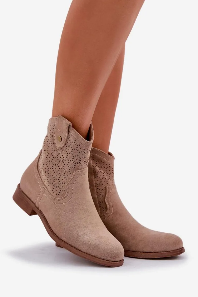 Sale Ażurowe Botki Na Płaskim Obcasie S.Barski HY51-063 Beżowe Damskie Botki Ażurowe|Botki Płaskie