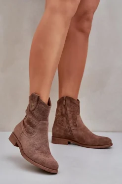 Online Damskie buty S.Barski Ażurowe Botki Na Płaskim Obcasie S.Barski HY51-063 Brązowe