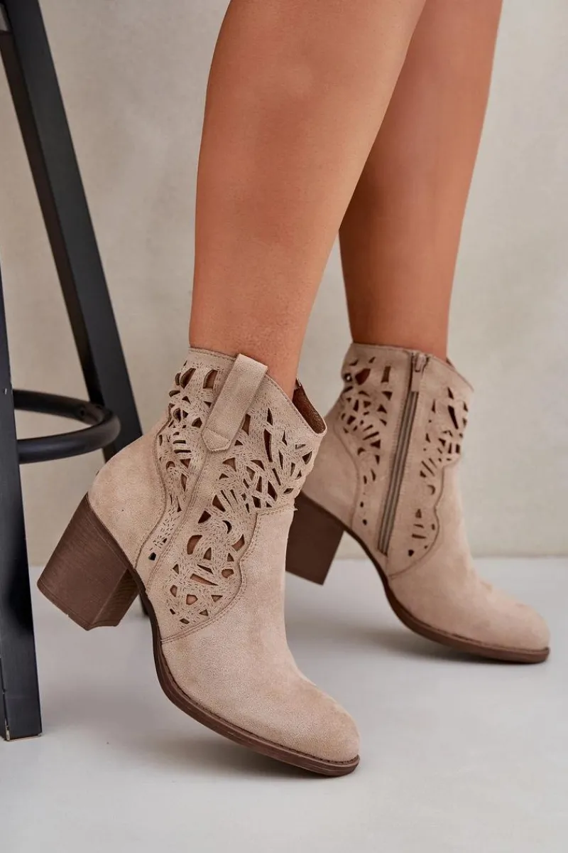 Outlet Ażurowe Botki Na Słupkowym Obcasie Beżowe Nurissa Damskie Botki Ażurowe|Brązowe I Beżowe Botki
