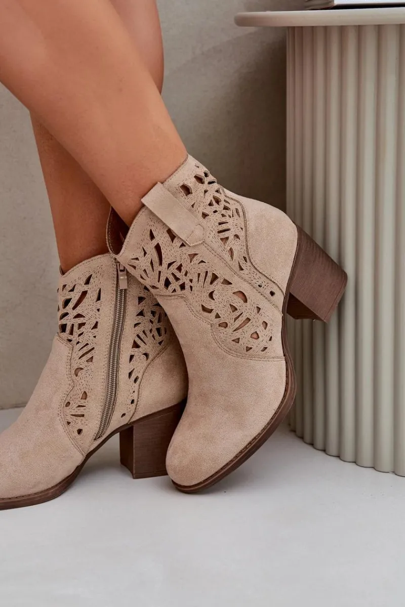 Outlet Ażurowe Botki Na Słupkowym Obcasie Beżowe Nurissa Damskie Botki Ażurowe|Brązowe I Beżowe Botki