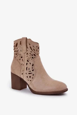 Outlet Ażurowe Botki Na Słupkowym Obcasie Beżowe Nurissa Damskie Botki Ażurowe|Brązowe I Beżowe Botki
