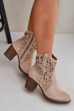 Outlet Ażurowe Botki Na Słupkowym Obcasie Beżowe Nurissa Damskie Botki Ażurowe|Brązowe I Beżowe Botki