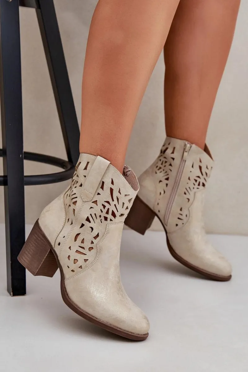 Outlet Boto Ażurowe Botki Na Słupkowym Obcasie Złote Nurissa