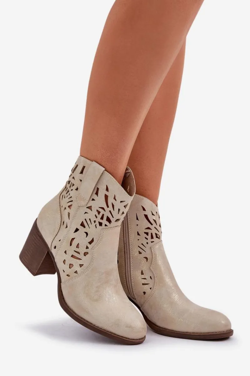 Outlet Boto Ażurowe Botki Na Słupkowym Obcasie Złote Nurissa