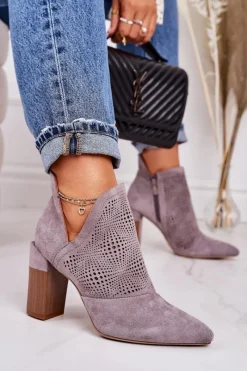 Clearance Ażurowe Botki Na Słupku Szare Michelle Damskie Botki Wiosenne|Botki Na Słupku