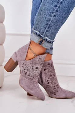 Clearance Ażurowe Botki Na Słupku Szare Michelle Damskie Botki Wiosenne|Botki Na Słupku