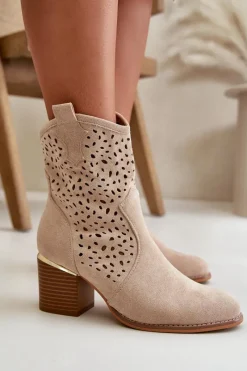 Hot Boto Ażurowe Botki Na Słupku Z Eko Zamszu Zapinane Na Zamek Beżowe Sevana