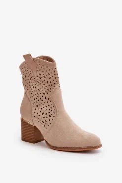 Hot Boto Ażurowe Botki Na Słupku Z Eko Zamszu Zapinane Na Zamek Beżowe Sevana