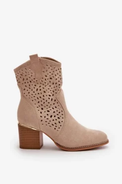 Hot Boto Ażurowe Botki Na Słupku Z Eko Zamszu Zapinane Na Zamek Beżowe Sevana