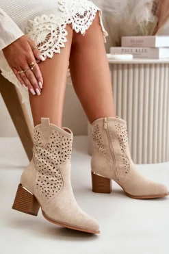 Hot Boto Ażurowe Botki Na Słupku Z Eko Zamszu Zapinane Na Zamek Beżowe Sevana