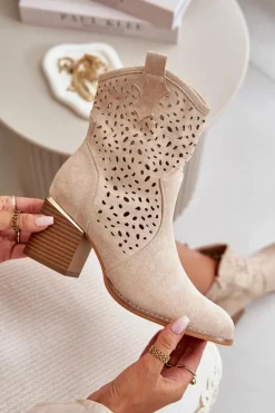 Hot Boto Ażurowe Botki Na Słupku Z Eko Zamszu Zapinane Na Zamek Beżowe Sevana