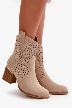 Hot Boto Ażurowe Botki Na Słupku Z Eko Zamszu Zapinane Na Zamek Beżowe Sevana