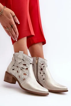 Best Boto Ażurowe Botki Skórzane Lewski Shoes 3170/2 Złoty Przecierany