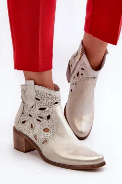 Best Boto Ażurowe Botki Skórzane Lewski Shoes 3170/2 Złoty Przecierany