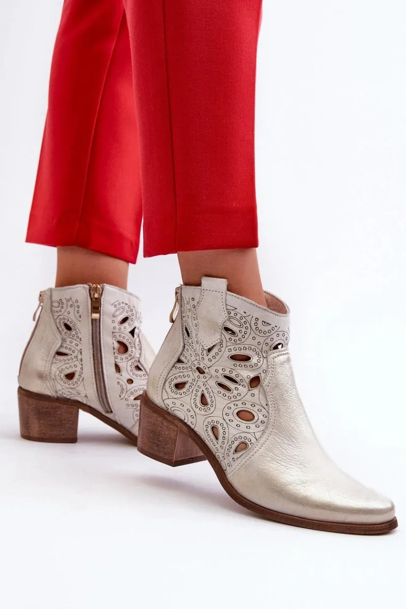 Best Boto Ażurowe Botki Skórzane Lewski Shoes 3170/2 Złoty Przecierany