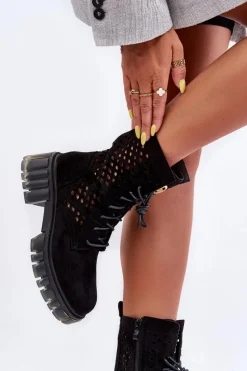 Outlet Boto Ażurowe Botki Workery Czarne Ideally