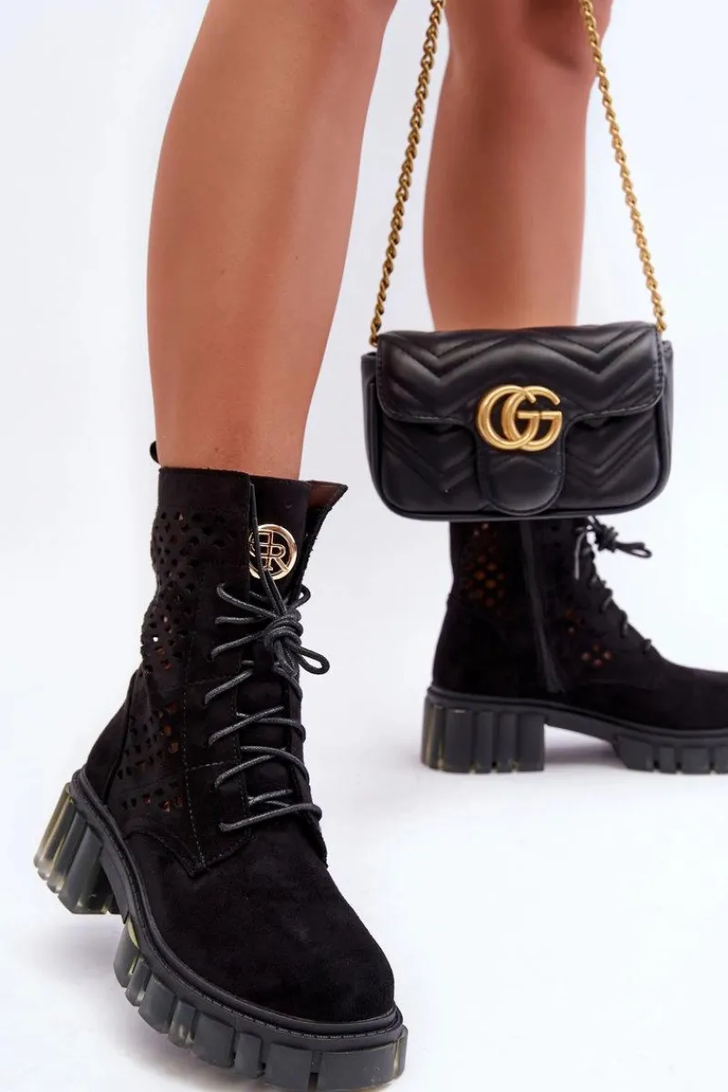 Outlet Boto Ażurowe Botki Workery Czarne Ideally