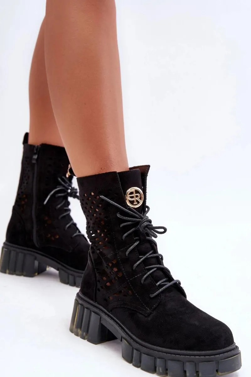 Outlet Boto Ażurowe Botki Workery Czarne Ideally