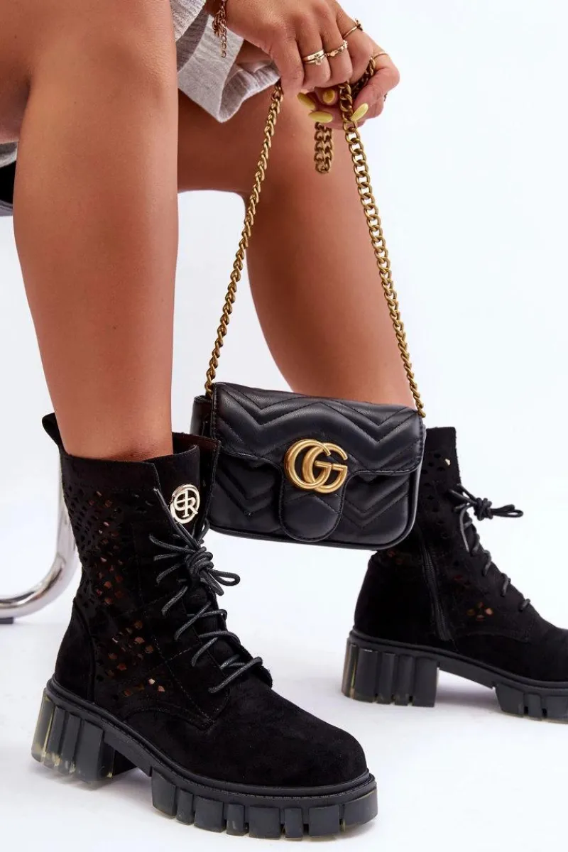 Outlet Boto Ażurowe Botki Workery Czarne Ideally