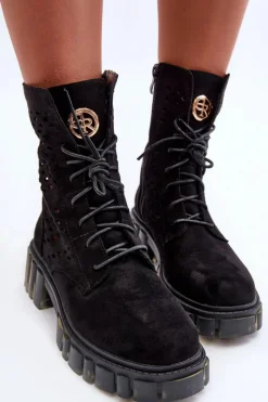 Outlet Boto Ażurowe Botki Workery Czarne Ideally