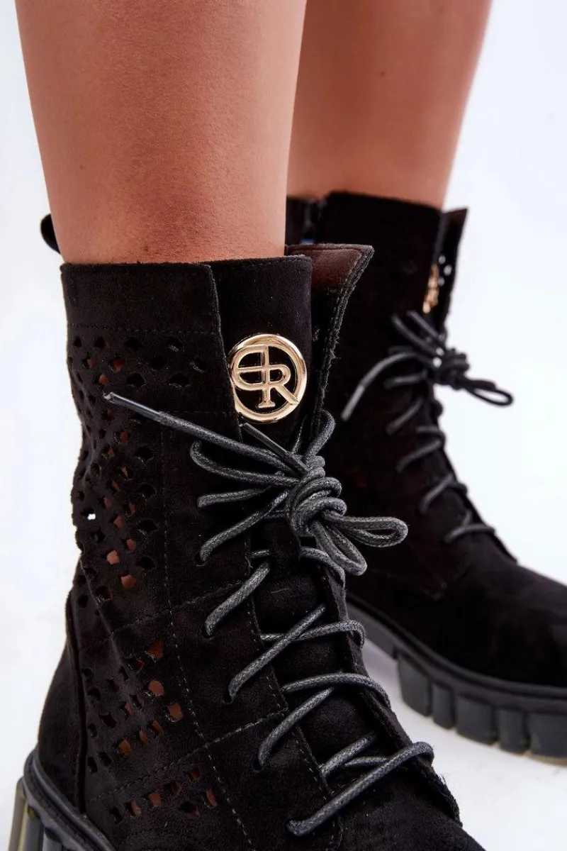 Outlet Boto Ażurowe Botki Workery Czarne Ideally