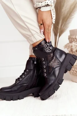 Best Ażurowe Botki Workery Na Platformie Czarne Blown Away Damskie Botki Wiosenne|Czarne Botki