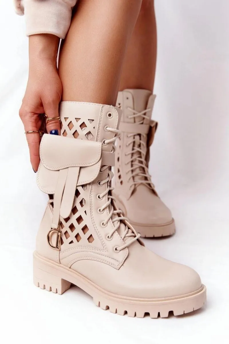 Outlet Boto Ażurowe Botki Z Nerką Beżowe Rock Star