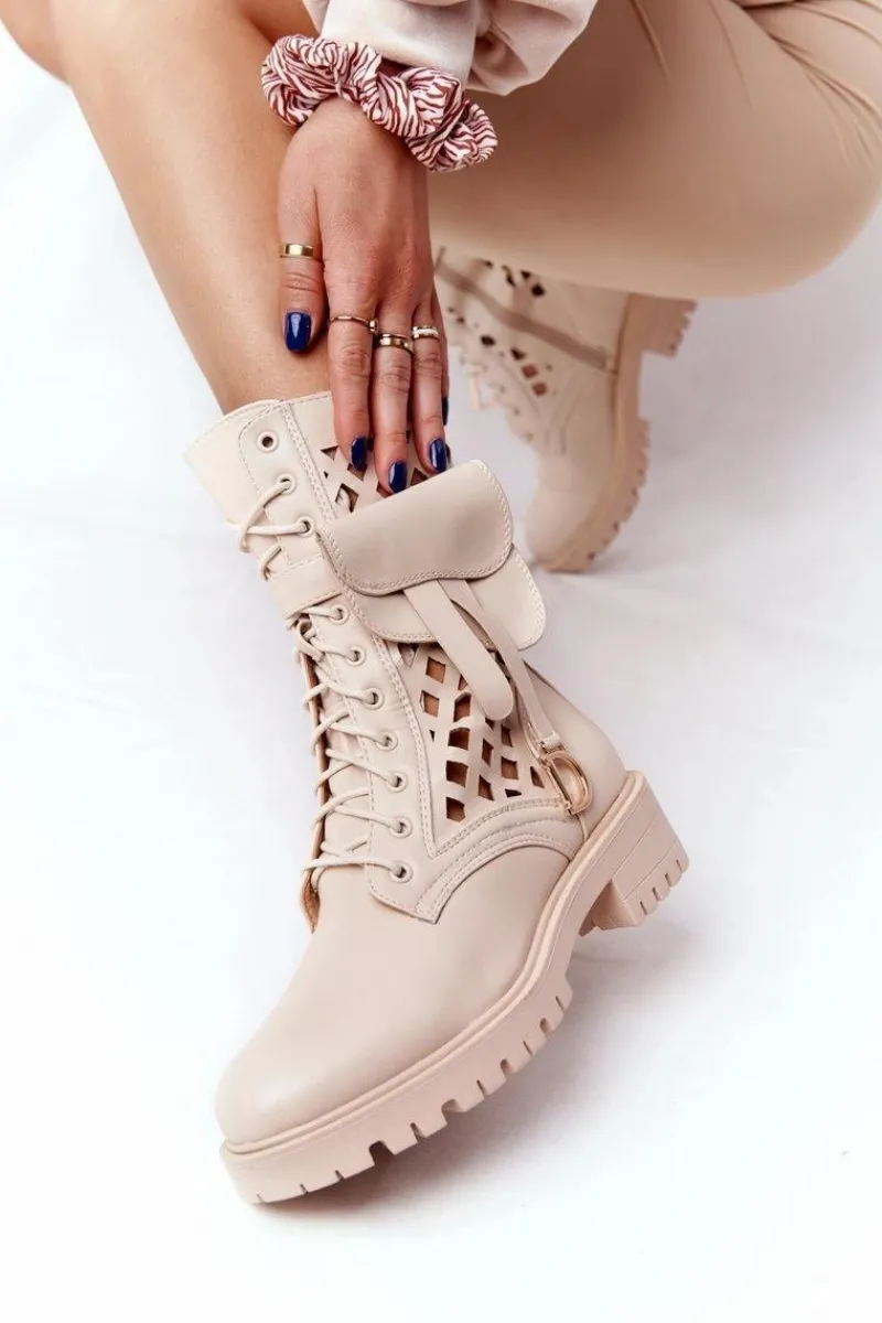 Outlet Boto Ażurowe Botki Z Nerką Beżowe Rock Star