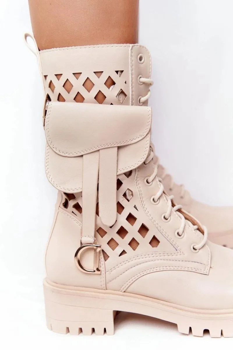 Outlet Boto Ażurowe Botki Z Nerką Beżowe Rock Star