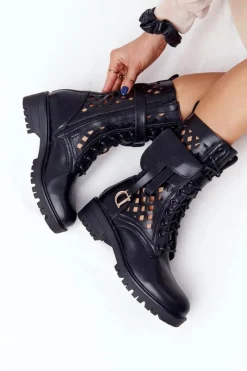 Botki Wiosenne|Botki Sznurowane>Boto Ażurowe Botki Z Nerką Czarne Rock Star