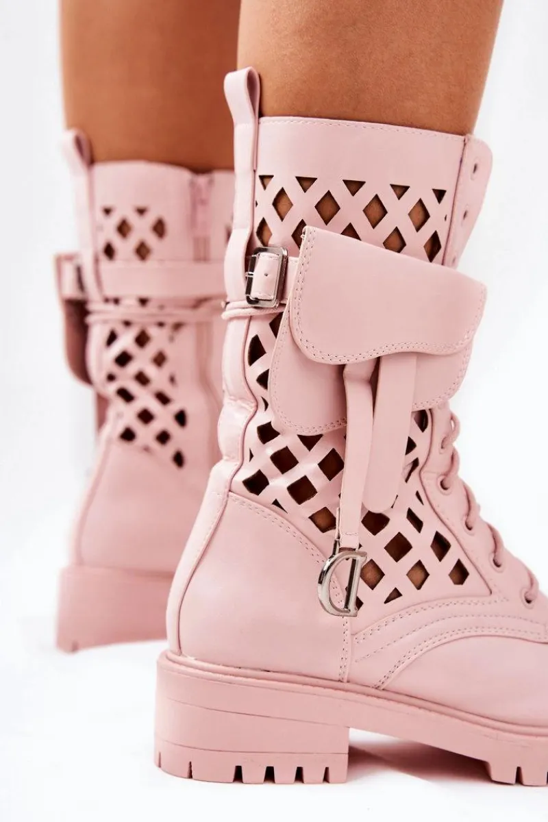 Botki Wiosenne|Botki Sznurowane>Boto Ażurowe Botki Z Nerką Różowe Rock Star