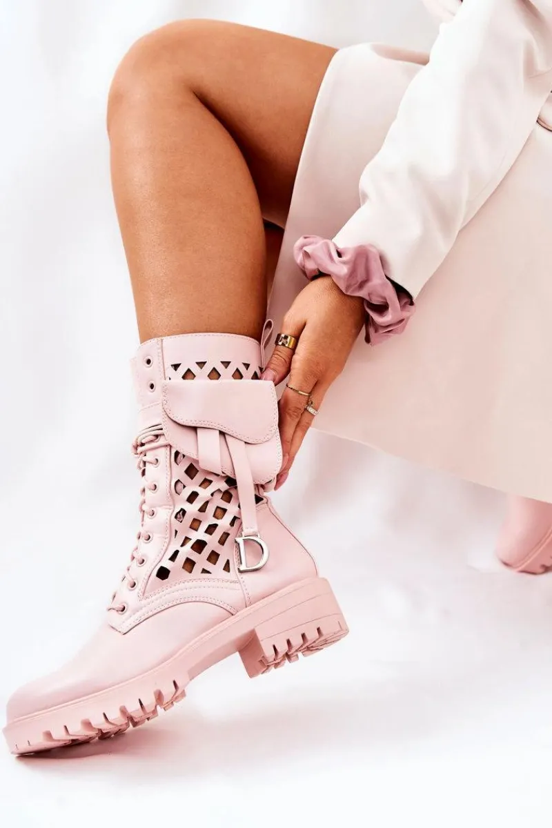 Botki Wiosenne|Botki Sznurowane>Boto Ażurowe Botki Z Nerką Różowe Rock Star