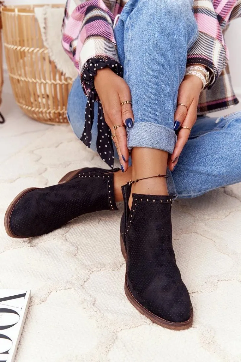 Best Ażurowe Botki Z Wycięciami Czarne Clever Damskie Botki Wiosenne|Czarne Botki