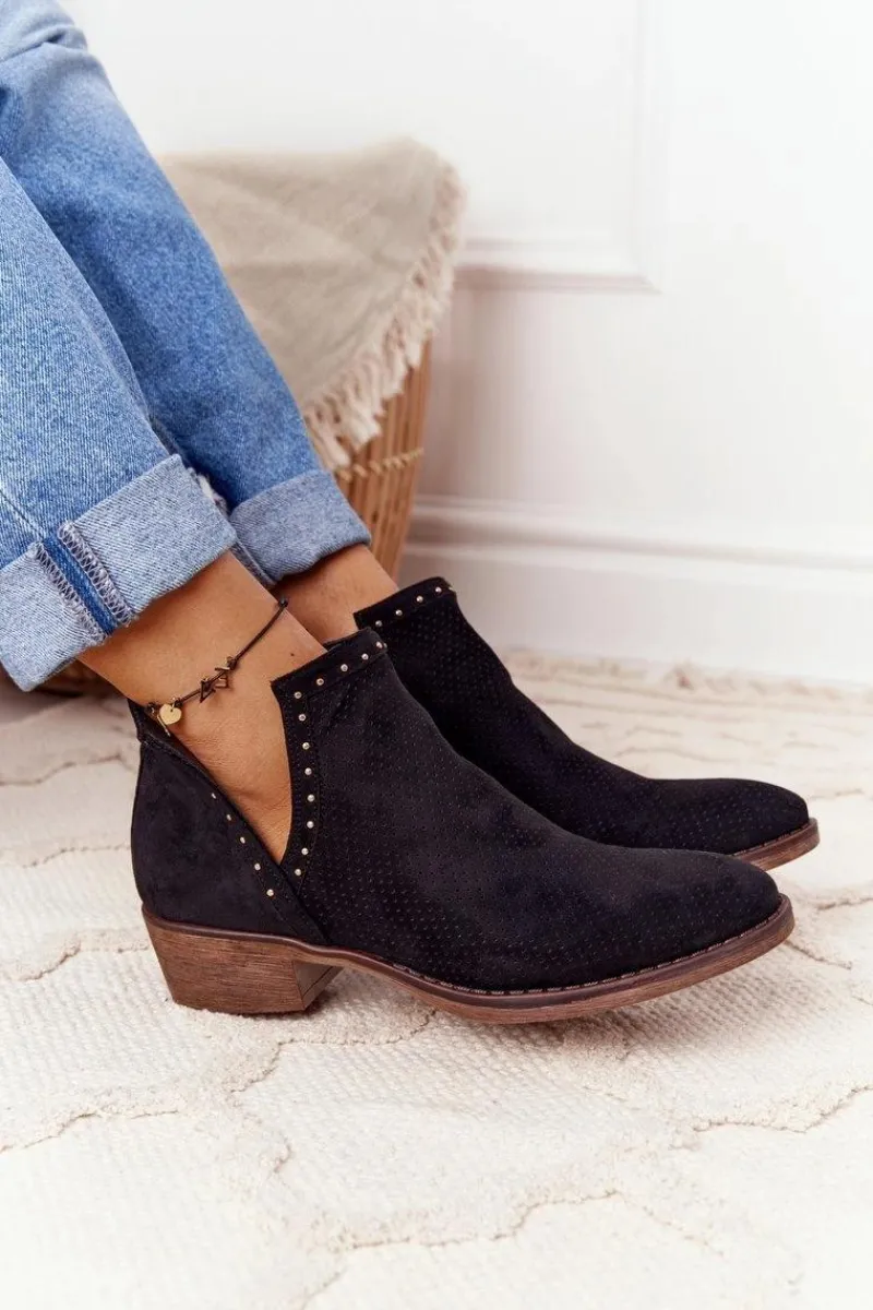 Best Ażurowe Botki Z Wycięciami Czarne Clever Damskie Botki Wiosenne|Czarne Botki