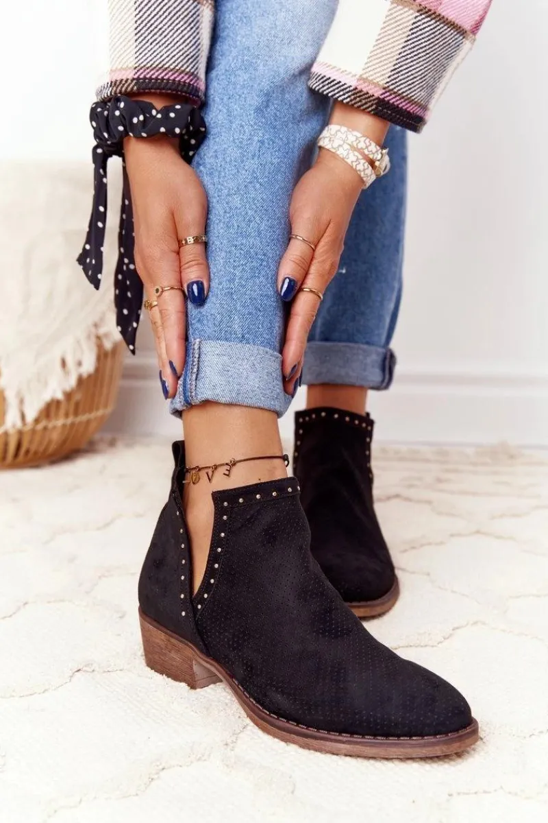 Best Ażurowe Botki Z Wycięciami Czarne Clever Damskie Botki Wiosenne|Czarne Botki