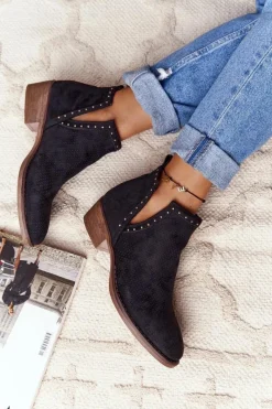 Best Ażurowe Botki Z Wycięciami Czarne Clever Damskie Botki Wiosenne|Czarne Botki