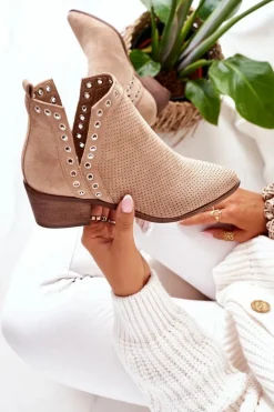 Discount Ażurowe Botki Z Wycięciami Beżowe Western Damskie Botki Wiosenne|Botki Na Słupku