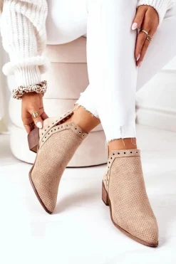 Discount Ażurowe Botki Z Wycięciami Beżowe Western Damskie Botki Wiosenne|Botki Na Słupku