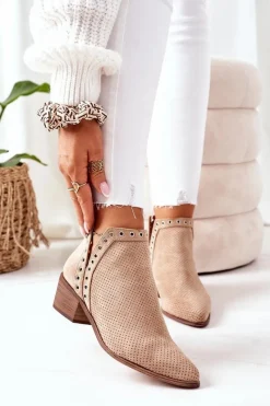 Discount Ażurowe Botki Z Wycięciami Beżowe Western Damskie Botki Wiosenne|Botki Na Słupku