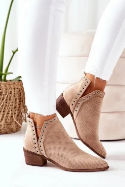 Discount Ażurowe Botki Z Wycięciami Beżowe Western Damskie Botki Wiosenne|Botki Na Słupku
