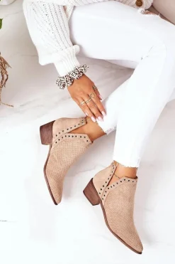 Discount Ażurowe Botki Z Wycięciami Beżowe Western Damskie Botki Wiosenne|Botki Na Słupku